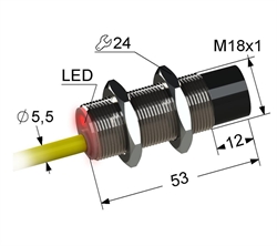 PS2-18M53-12N51-K Индуктивный датчик, М18, L-53 мм, Sn 12 мм, не заподлицо, PNP, переключающий, NO+NC, -25...+75 °C, 10...30 V DC, кабель ПВХ 5,5 мм/4x0,2/ 2 м.