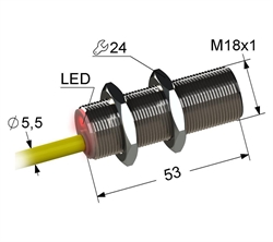 PS2-18M53-8B61-K Индуктивный датчик, М18, L-53 мм, Sn 8 мм, заподлицо, NPN, переключающий, NO+NC, -25...+75 °C, 10...30 V DC, кабель ПВХ 5,5 мм/4x0,2/ 2 м.