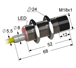 PS2-18M68-15N31-Z Индуктивный датчик, М18, L-68 мм, Sn 15 мм, не заподлицо, PNP, размыкающий, NC, -25...+75 °C, 10...30 V DC, кабель ПВХ 5,5 мм/3x0,35/ 2 м.