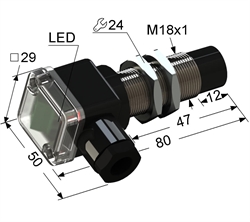 PS2-18M80-12N11-B Индуктивный датчик, М18, L-80 мм, Sn 12 мм, не заподлицо, PNP, замыкающий, NO, -25...+75 °C, 10...30 V DC, клеммная коробка/вывод вбок.