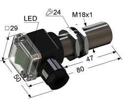 PS2-18M80-8B31-B Индуктивный датчик, М18, L-80 мм, Sn 8 мм, заподлицо, PNP, размыкающий, NC, -25...+75 °C, 5,5...30 V DC, клеммная коробка/вывод вбок.