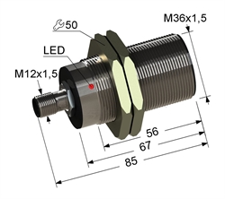 PS2-36M85-12B21-C4 Индуктивный датчик, М36, L-85 мм, Sn 12 мм, заподлицо, NPN, замыкающий, NO, -25...+75 °C, 10...30 V DC, разъем/М12/4-конт.