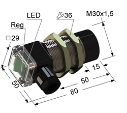 PS1-30M80-20N74-B Емкостный датчик, М30, L-80 мм, Sn 20 мм, не заподлицо, замыкающий, NO, -25...+75 °C, ~24...250 V, 45...65 Гц АС / -30...250 V DC, клеммная коробка/вывод вбок.