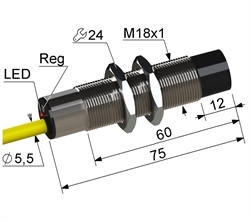 PS2R1T-18M75-8N51-K Частотный датчик, М18, L-75 мм, 0,1...5 Гц, Sn 8 мм, не заподлицо, PNP, переключающий, NO+NC, -25...+75 °C, 10...30 V DC, кабель ПВХ 5,5 мм/4x0,2/ 2 м.