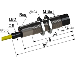 PS2R1T-18M90-8N51-Z Частотный датчик, М18, L-90 мм, 0,1...5 Гц, Sn 8 мм, не заподлицо, PNP, переключающий, NO+NC, -25...+75 °C, 10...30 V DC, кабель ПВХ 5,5 мм/4x0,2/ 2 м.