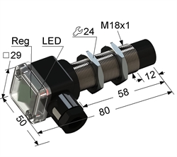 PS2RT-18M80-8N11-B Частотный датчик, М18, L-80 мм, 1...50 Гц, Sn 8 мм, не заподлицо, PNP, замыкающий, NO, -25...+75 °C, 10...30 V DC, клеммная коробка/вывод вбок.
