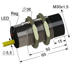 PS2R1-30M65-15N31-K Частотный датчик, М30, L-65 мм, 0,1...5 Гц, Sn 15 мм, не заподлицо, PNP, размыкающий, NC, -25...+75 °C, 10...30 V DC, кабель ПВХ 5,5 мм/3x0,35/ 2 м.