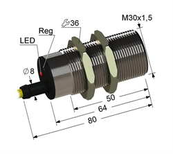 PS2R1T-30M80-10B21-Z Частотный датчик, М30, L-80 мм, 0,1...5 Гц, Sn 10 мм, заподлицо, NPN, замыкающий, NO, -25...+75 °C, 10...30 V DC, кабель ПВХ 5,5 мм/3x0,35/ 2 м.