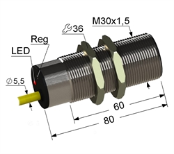 PS2R1T-30M80-10B84-K Частотный датчик, М30, L-80 мм, 0,1...5 Гц, Sn 10 мм, заподлицо, размыкающий, NC, -25...+75 °C, ~24...250 V, 45...65 Гц АС / -30...250 V DC, кабель ПВХ 5,5 мм/3x0,35/ 2 м.