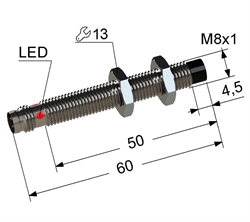 Индуктивный датчик, М8, L-60 мм, Sn 4 мм, не заподлицо, PNP, размыкающий, NC, -25...+75 °C, 10...30 V DC, разъем/М08/3-конт.