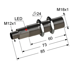 Индуктивный датчик, М18, L-85 мм, Sn 5 мм, заподлицо, размыкающий, NC, -25...+75 °C, ~24...250 V, 45...65 Гц АС / -30...250 V DC, разъем/М12/3-конт.