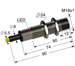 Индуктивный датчик, М18, L-90 мм, Sn 8 мм, не заподлицо, размыкающий, NC, -25...+75 °C, ~24...250 V, 45...65 Гц АС / -30...250 V DC, кабель ПВХ 5,5 мм/3x0,35/ 2 м.