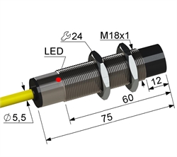 Индуктивный датчик, М18, L-75 мм, Sn 8 мм, не заподлицо, PNP, размыкающий, NC, -25...+75 °C, 35...250 V AC, кабель ПВХ 5,5 мм/3x0,35/ 2 м.