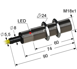 Индуктивный датчик, М18, L-90 мм, Sn 5 мм, заподлицо, PNP, замыкающий, NO, -25...+75 °C, 35...250 V AC, кабель ПВХ 5,5 мм/3x0,35/ 2 м.