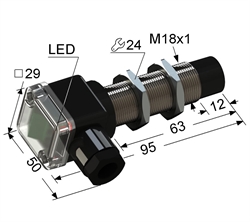 Индуктивный датчик, М18, L-95 мм, Sn 8 мм, не заподлицо, PNP, размыкающий, NC, -25...+75 °C, 35...250 V AC, клеммная коробка/вывод вбок.