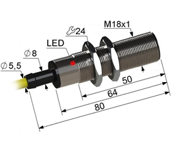 Индуктивный датчик, М18, L-80 мм, Sn 5 мм, заподлицо, NPN, замыкающий, NO, -40...+70 °C, 10...30 V DC, провода/трубка ПВХ/3x1/ 2 м.