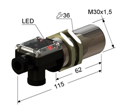 Индуктивный датчик, M30, L-115 мм, Sn 15 мм, заподлицо, NPN, замыкающий, NO, -25...+75 °C, 5,5...30 V DC, клеммная коробка/вывод прямо и вбок.