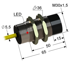 Индуктивный датчик, M30, L-65 мм, Sn 25 мм, не заподлицо, NPN, размыкающий, NC, -25...+75 °C, 10...30 V DC, кабель ПВХ 5,5 мм/3x0,35/ 2 м.