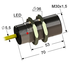 Индуктивный датчик, M30, L-70 мм, Sn 10 мм, заподлицо, размыкающий, NC, -25...+75 °C, ~24...250 V, 45...65 Гц АС / -30...250 V DC, кабель ПВХ 5,5 мм/3x0,35/ 2 м.