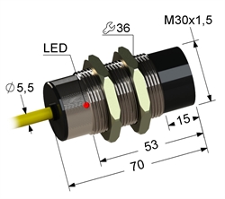Индуктивный датчик, M30, L-70 мм, Sn 15 мм, не заподлицо, размыкающий, NC, -25...+75 °C, ~24...250 V, 45...65 Гц АС / -30...250 V DC, кабель ПВХ 5,5 мм/3x0,35/ 2 м.