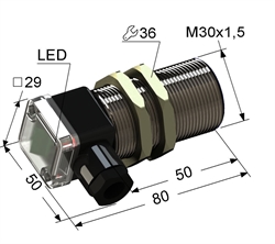 Индуктивный датчик, M30, L-80 мм, Sn 15 мм, заподлицо, NPN, размыкающий, NC, -25...+75 °C, 5,5...30 V DC, клеммная коробка/вывод вбок.