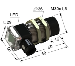 Индуктивный датчик, M30, L-80 мм, Sn 25 мм, не заподлицо, NPN, размыкающий, NC, -25...+75 °C, 10...30 V DC, клеммная коробка/вывод вбок.