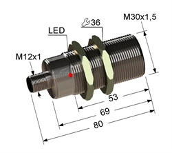Индуктивный датчик, М30, L-80 мм, Sn 10 мм, заподлицо, PNP, замыкающий, NO, -25...+75 °C, ~24...250 V, 45...65 Гц АС / -30...250 V DC, разъем/М12/3-конт.