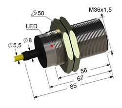 Индуктивный датчик, М36, L-85 мм, Sn 12 мм, заподлицо, PNP, замыкающий, NO, -25...+75 °C, 10...30 V DC, кабель ПВХ 5,5 мм/3x0,35/ 2 м.