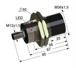 Индуктивный датчик, М36, L-85 мм, Sn 20 мм, не заподлицо, PNP, замыкающий, NO, -25...+75 °C, 10...30 V DC, разъем/М12/4-конт.