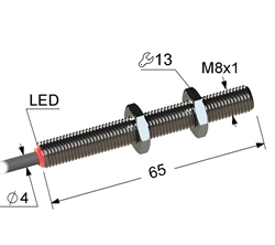 Оптический датчик (ИЗЛУЧАТЕЛЬ барьерной пары) в корпусе из пластика АБС и латуни с резьбой М8x1 длиной 65 мм. -20...+70 °C, 10...30 V DC, кабель ПВХ/2x0,35/ 2 м.