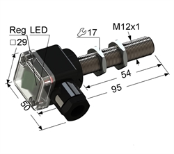 Оптический датчик (ИЗЛУЧАТЕЛЬ барьерной пары) в корпусе из пластика АБС и латуни с резьбой М12x1 длиной 95 мм. -20...+70 °C, 10...30 V DC, клеммная коробка/вывод вбок.