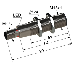 Оптический датчик (ПРИЕМНИК барьерной пары) в цилиндрическом корпусе с резьбой М18x1 длиной 80 мм. Sn 16000 мм, PNP, NO/NC, размыкающий или замыкающий, -20...+70 °C, 10...30 V DC, разъем/М12/4-конт.