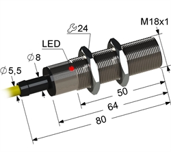 Индуктивный датчик, М18, L-80 мм, Sn 5 мм, заподлицо, PNP, -25...+75 °C, 12...30 V DC, кабель ПВХ 5,5 мм/3x0,35/ 2 м.
