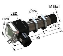 Индуктивный датчик, М18, L-90 мм, Sn 8 мм, не заподлицо, PNP, -25...+75 °C, 12...30 V DC, клеммная коробка/вывод вбок.