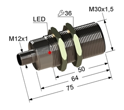 Индуктивный датчик, М30, L-75 мм, Sn 10 мм, заподлицо, PNP, -25...+75 °C, 12...30 V DC, разъем/М12/4-конт.