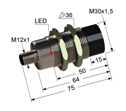 Индуктивный датчик, М30, L-75 мм, Sn 15 мм, не заподлицо, PNP, -25...+75 °C, 12...30 V DC, разъем/М12/4-конт.
