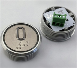 Кнопка приказа. Cимвол: нулевой этаж; код Брайля: имеется; материалы: нержавеющая сталь, алюминий, пластик; подсветка: красная; установочное место: 32 мм.