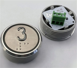 Кнопка приказа. Cимвол: 3-й этаж; код Брайля: имеется; материалы: нержавеющая сталь, алюминий, пластик; подсветка: красная; установочное место: 32 мм.