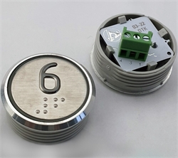 Кнопка приказа. Cимвол: 6-й этаж; код Брайля: имеется; материалы: нержавеющая сталь, алюминий, пластик; подсветка: красная; установочное место: 32 мм.