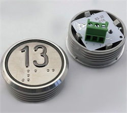 Кнопка приказа. Cимвол: 13-й этаж; код Брайля: имеется; материалы: нержавеющая сталь, алюминий, пластик; подсветка: красная; установочное место: 32 мм.