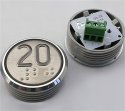 Кнопка приказа. Cимвол: 20-й этаж; код Брайля: имеется; материалы: нержавеющая сталь, алюминий, пластик; подсветка: красная; установочное место: 32 мм.