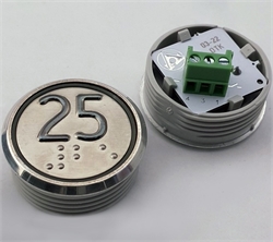 Кнопка приказа. Cимвол: 25-й этаж; код Брайля: имеется; материалы: нержавеющая сталь, алюминий, пластик; подсветка: красная; установочное место: 32 мм.