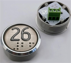 Кнопка приказа. Cимвол: 26-й этаж; код Брайля: имеется; материалы: нержавеющая сталь, алюминий, пластик; подсветка: красная; установочное место: 32 мм.