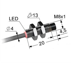 Индуктивный датчик, М8, L-20 мм, Sn 3 мм, не заподлицо, PNP, замыкающий, NO, -25...+75 °C, 5,5...30 V DC, кабель ПВХ 4 мм/3x0,14/ 2 м.