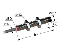 Индуктивный датчик, М8, L-50 мм, Sn 3 мм, не заподлицо, PNP, замыкающий, NO, -25...+75 °C, 10...30 V DC, кабель ПВХ 4 мм/3x0,14/ 2 м.