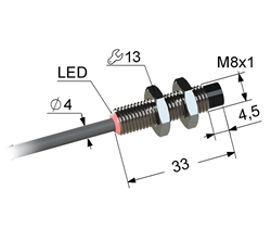 Индуктивный датчик, М8, L-33 мм, Sn 4 мм, не заподлицо, PNP, размыкающий, NC, -40...+70 °C, 10...30 V DC, кабель ПВХ 4 мм/3x0,14/ 2 м.