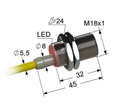 Индуктивный датчик, М18, L-45 мм, Sn 5 мм, заподлицо, PNP, размыкающий, NC, -25...+75 °C, 10...30 V DC, кабель ПВХ 5,5 мм/3x0,35/ 2 м.