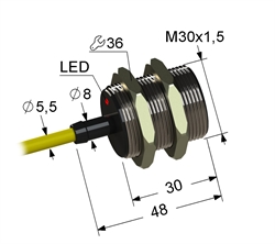 Индуктивный датчик, M30, L-48 мм, Sn 15 мм, заподлицо, PNP, размыкающий, NC, -25...+75 °C, 5,5...30 V DC, кабель ПВХ 5,5 мм/3x0,35/ 2 м.