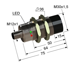 Индуктивный датчик, M30, L-75 мм, Sn 15 мм, не заподлицо, PNP, размыкающий, NC, -25...+75 °C, 30…200 V DC, разъем/М12/4-конт.
