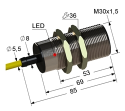 Индуктивный датчик, M30, L-85 мм, Sn 10 мм, заподлицо, размыкающий, NC, -25...+75 °C, ~24...250 V, 45...65 Гц АС / -30...250 V DC, кабель ПВХ 5,5 мм/3x0,35/ 2 м.